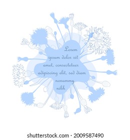 Hand Drawn Cornflower Herb Arranged around Freeform shape in the Center. Parts of Bachelors Button made as Filled Shapes and Contour Drawing. Composition for Emblem, Label, Product Design.
