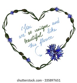 Hand drawn cornflowers and leaves heart frame isolated on white background vector Valentine postcard