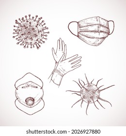 Hand Drawn Corona Virus Vector Illustration Set. Bacteria, Protective Gloves and Respirator Masks Doodle Sketches Collection. Isolated.