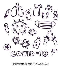 Hand drawn Coronavirus doodle collection. COVID-19 symbol.