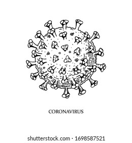 Hand drawn coronavirus illustration with name in sketch style. Microscope virus close up. Vector illustration. COVID-2019