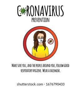 Hand drawn Coronavirus Prevention icon. Vector illustration of woman wearing a facemask to protect others from COVID-19. Cartoon virus molecule. Sketch 2019-nCov symbol  isolated on white background