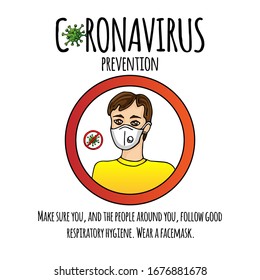 Hand drawn Coronavirus Prevention icon. Vector illustration of a man wearing a facemask to protect others from COVID-19. Cartoon virus molecule. Sketch 2019-nCov symbol  isolated on white background