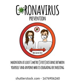 Hand drawn Coronavirus Prevention icon. Vector illustration of a man and woman in facemasks who maintain 1 meter distance between them to protect from COVID-19. Cartoon. Sketch 2019-nCov symbol