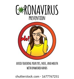 Hand drawn Coronavirus Prevention icon. Vector illustration of woman. Avoid touching eyes, nose and mouth to protect from COVID-19. Cartoon virus molecule. Sketch 2019-nCov symbol on white background