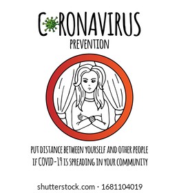 Hand drawn Coronavirus Prevention icon. Vector illustration of woman social distancing at home to protect from COVID-19. Cartoon virus molecule. Sketch 2019-nCov symbol  isolated on white background