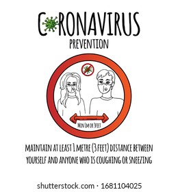 Hand drawn Coronavirus Prevention icon. Vector illustration of a man and woman in facemasks who maintain 1 meter distance between them to protect from COVID-19. Cartoon. Sketch 2019-nCov symbol