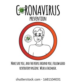 Hand drawn Coronavirus Prevention icon. Vector illustration of a man wearing a facemask to protect others from COVID-19. Cartoon virus molecule. Sketch 2019-nCov symbol  isolated on white background