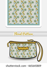 Hand drawn cosmetic bag with seamless pattern made from doodle flowers. Vector illustration. Can be used for textile.