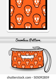 Hand drawn cosmetic bag with seamless pattern made from skulls on orange background. Vector illustration. Can be used for textile.