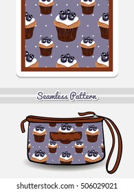 Hand drawn cosmetic bag with seamless pattern made from blueberry cupcakes. Vector illustration. Can be used for textile.