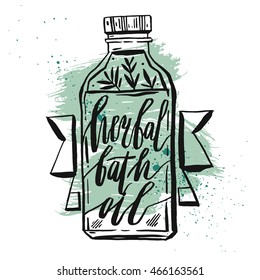 Hand drawn Cosmetic bottle vector illustration with herbal bath oil phase ink handwritten lettering isolated on white background.Natural cosmetics.Design for sign and logo