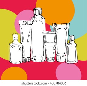 Hand drawn cosmetic bottles and packaging vector illustration