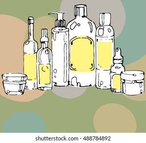Hand drawn cosmetic bottles and packaging vector illustration