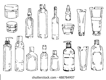 Hand drawn cosmetic bottles and packaging vector illustration