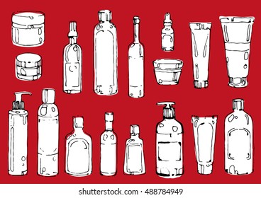 Hand drawn cosmetic bottles and packaging vector illustration