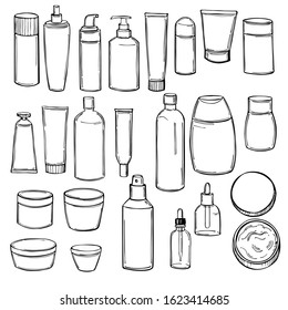 Hand Drawn Cosmetic Bottles. Vector Sketch Illustration.