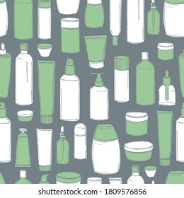 Hand drawn cosmetic bottles. Vector  seamless pattern.