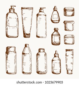Hand drawn cosmetic container set: bottles with spray, dispenser and dropper, cream jar, tube. Sketched mock-up of cosmetic package.