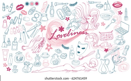 Hand drawn cosmetic elements collection with makeup and beauty products accessories tools isolated vector illustration