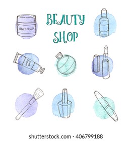 Hand drawn cosmetic set with objects on white background:mascara,make up brush, perfume, hand cream, lip gloss, night cream, nail polish, lipstick. Vector illustration. Beauty shop, watercolor splash
