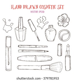 Hand drawn cosmetic set with separate objects on white background: mascara, eye pencil, make up brush, eyeshadow, flower,nail polish, lipstick and lip gloss. Vector illustration. Beauty salon/shop