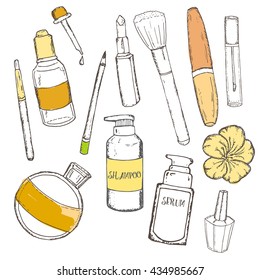 Hand drawn cosmetic set with separate objects on white background: mascara, eye pencil, make up brush, perfume, flower, lip gloss, cream. Vector illustration. Beauty salon/shop. Serum and shampoo. 