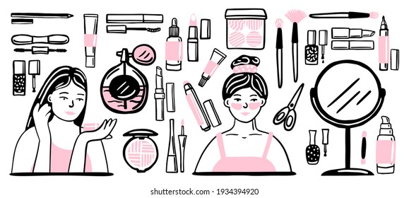 Hand drawn Cosmetic tools. Cosmetology background. Isolated beauty products. Facial cosmetics. Makeup. Lipstick. Eye lash. Mascara. Brush. Glamour vector illustration. Design make up pack. Toiletry.