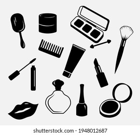 Hand drawn Cosmetic tools. Cosmetology background. Isolated beauty products. Facial cosmetics. Makeup. Lipstick. Eye lash. Mascara. Brush.