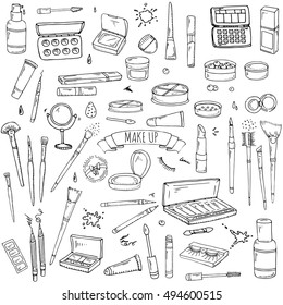 Hand Drawn Cosmetic Tools. Cosmetology Background. Isolated Beauty Products. Facial Cosmetics. Makeup. Lipstick. Eye Lash. Mascara. Brush. Glamour Vector Illustration. Design Make Up Pack. Toiletry.