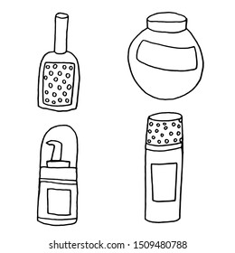 Hand drawn Cosmetic tools.  Isolated beauty products.  Toiletry.