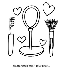 Hand drawn Cosmetic tools.  Isolated beauty products.  Toiletry.
