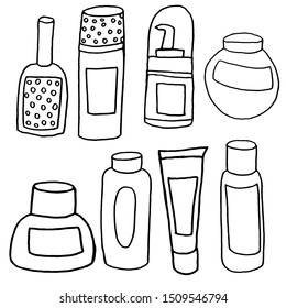 Hand drawn Cosmetic tools.  Isolated beauty products.  Toiletry.