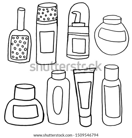 Hand drawn Cosmetic tools.  Isolated beauty products.  Toiletry.