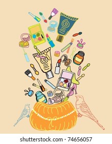 Hand drawn cosmetics and different things for make up and beauty. Vector illustration