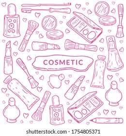 Hand drawn cosmetics doodles,   Trendy and lovely hand drawn sketching icons set