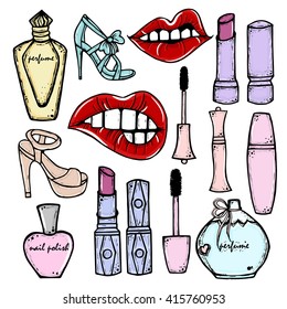 Hand drawn cosmetics and fashion make up objects: lipstick, mascara, perfume, nail polish, shoes. Fashion and beauty trend. Sketch illustration. Vector isolated objects.