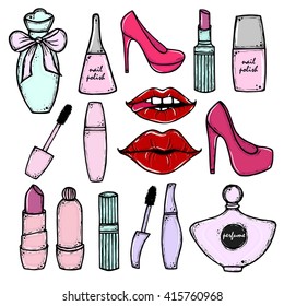 Hand drawn cosmetics and fashion make up objects: lipstick, mascara, perfume, nail polish, shoes. Fashion and beauty trend. Sketch illustration. Vector isolated objects.