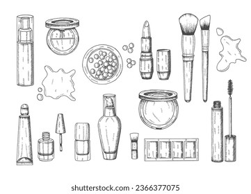 Hand drawn cosmetics make up set, big collection makeup product, tonal fluid, lipstick, lip gloss, powder, powder pearls, foundation, mascara, makeup brush, eye shadow, nail polish, vector facial set