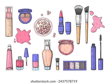 Hand drawn cosmetics make up set, big collection makeup product, tonal fluid, lipstick, lip gloss, powder, powder pearls, foundation, mascara, makeup brush, eye shadow, nail polish, vector facial set