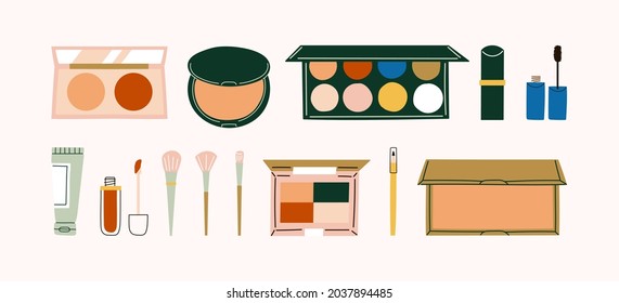 Hand drawn cosmetics and makeup brushes. Bronzer, blush, compact powder, eyeshadow palette, lipstick, mascara, tube, lip cream and eye pencil.