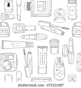 Hand drawn cosmetics pattern. Beauty and makeup. Sketch