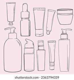 Hand drawn cosmetics products. Collections of skin health and beauty illustrations, spa salon and self care signs. Isolated vector set.