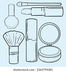 Hand drawn cosmetics products. Collections of skin health and beauty illustrations, spa salon and self care signs. Isolated vector set.