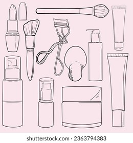 Hand drawn cosmetics products. Collections of skin health and beauty illustrations, spa salon and self care signs. Isolated vector set.