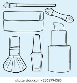 Hand drawn cosmetics products. Collections of skin health and beauty illustrations, spa salon and self care signs. Isolated vector set.