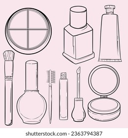 Hand drawn cosmetics products. Collections of skin health and beauty illustrations, spa salon and self care signs. Isolated vector set.