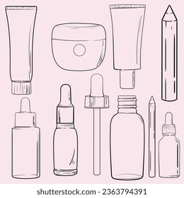 Hand drawn cosmetics products. Collections of skin health and beauty illustrations, spa salon and self care signs. Isolated vector set.