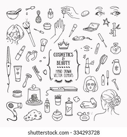 Hand drawn cosmetics products. Collections of skin health and beauty illustrations, spa salon and self-care signs. Isolated vector set.