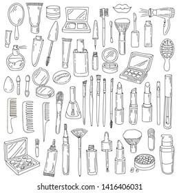 Hand drawn cosmetics products on white background. Doodle makeup set. Vector illustration.